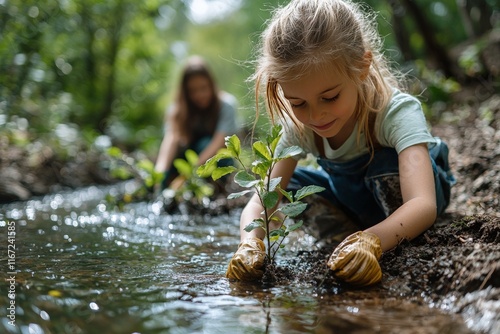 children planting tree near river