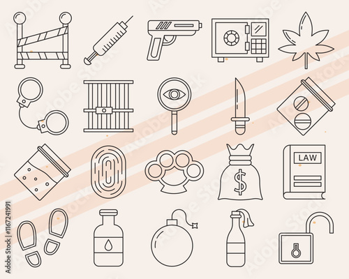 Additional crime-themed vector icons featuring various law enforcement items