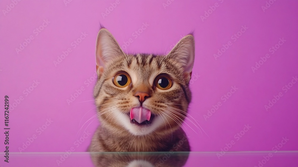 Cute Tabby Cat Sticking Tongue Out Peeking Over Glass Table with Hungry Expression Cute Tabby Cat Sticking Tongue Out Peeking Over Glass Table with Hungry Expression