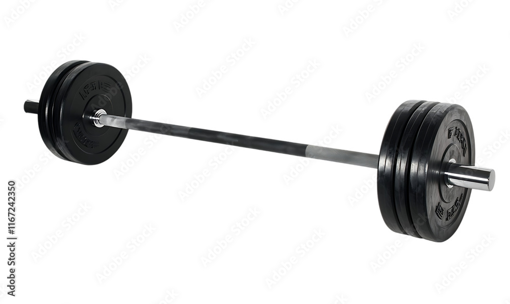 A barbell with weight plates, used for strength training and fitness exercises. A barbell with weight plates, used for strength training and fitness exercises.