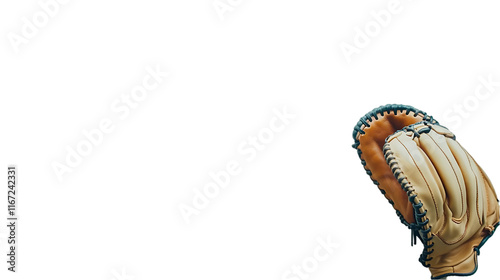 A baseball glove positioned on a plain background, ready for play.