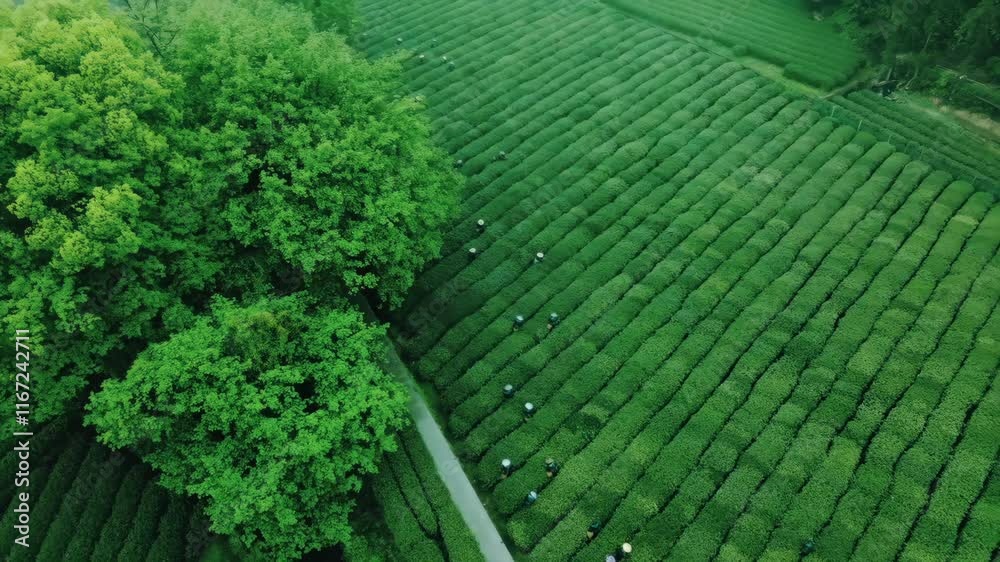 Lush tea plantations in misty hills showcasing large green fields and workers harvesting tea leaves Lush tea plantations in misty hills showcasing large green fields and workers harvesting tea leaves