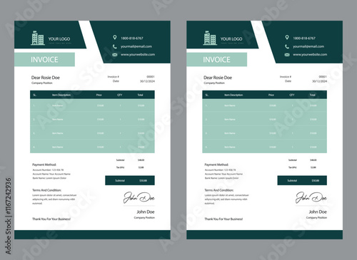 Business Invoice template. Professional payment agreement layout, corporate bill spreadsheet receipt and invoices for customer vector set of payment form document, receipt tax or bill illustration