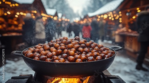 Roasted Chestnuts Warm Winter Market Street Food Christmas Tradition in Snowy Town photo