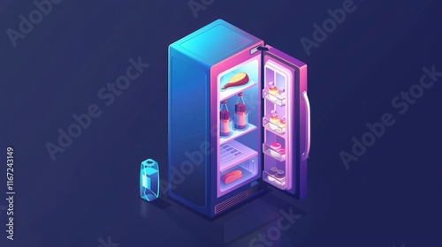 Modern Isometric Fridge with Open Door Vector Illustration