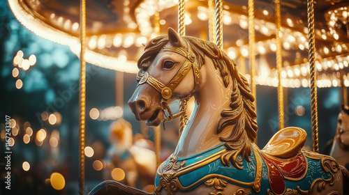 Enchanting carousel horse at twilight with glowing lights