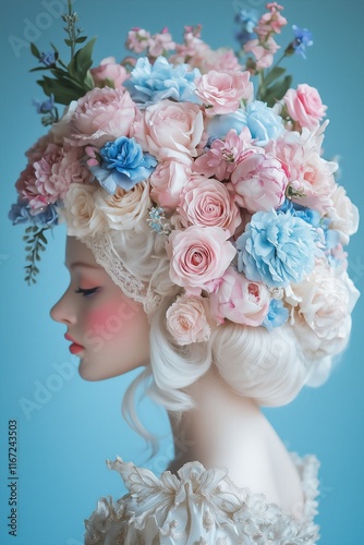 extravagant floral rococo white wig headpiece made entirely of pastel roses, peonies, and delphiniums in pink, blue, and cream, styled against a soft blue background photo