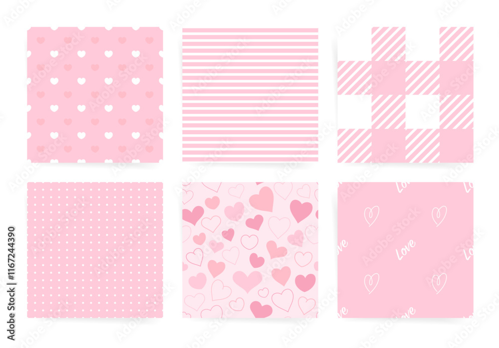 Playful Pink Seamless Patterns with Hearts, Stripes, Polka Dots, and Gingham