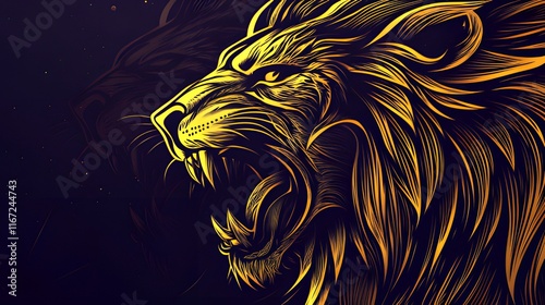 A stylized illustration of a roaring lion with intricate golden detailing on a dark background. photo