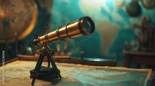 An elegant vintage telescope rests on an old map. This scene captures the essence of exploration and discovery. Perfect for adventure enthusiasts. Generative AI