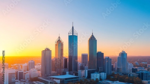 Glowing Skyscrapers Against a Vibrant Sunset Skyline in a Bustling Urban Metropolis