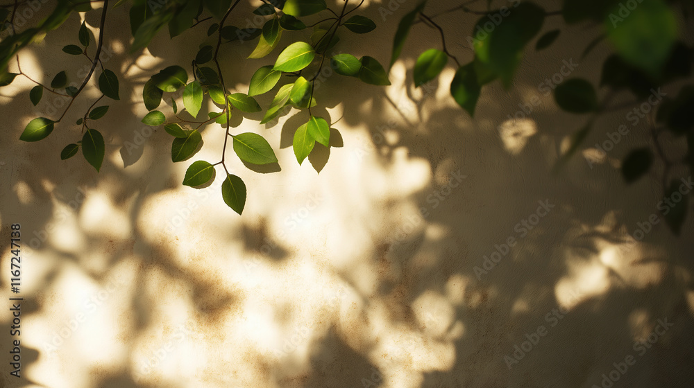 Obraz premium Sunlit foliage casting shadows on a textured wall
