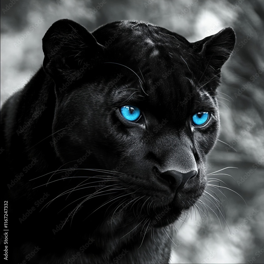 Striking close-up of a black panther with piercing blue eyes, showcasing its sleek fur and intense gaze. Perfect for wildlife, predator, and exotic animal-themed content. Striking close-up of a black panther with piercing blue eyes, showcasing its sleek fur and intense gaze. Perfect for wildlife, predator, and exotic animal-themed content.