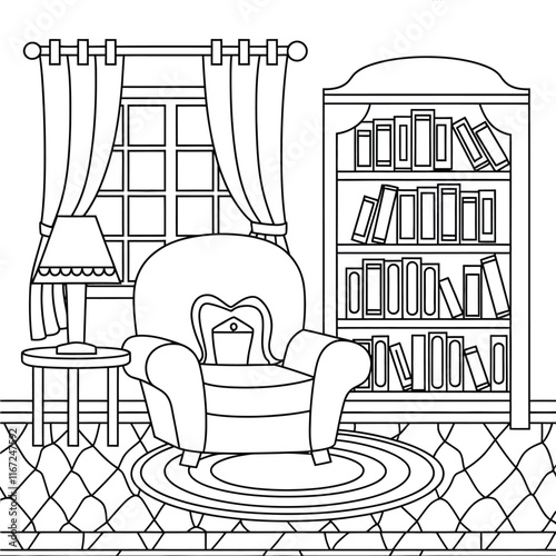 Outline Illustration for The study room has bookshelves and many book in there. study or library room for design element and coloring book page