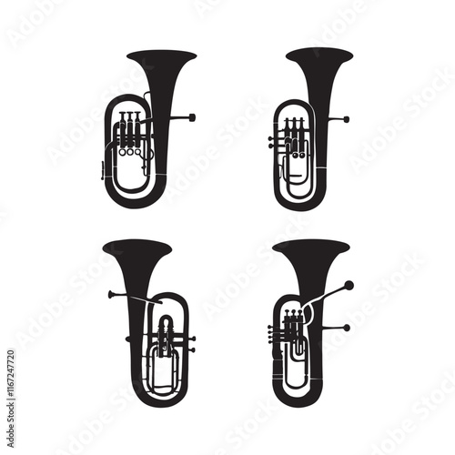 Four Classic Contrabass Tuba Silhouettes, Stylish black and white silhouettes of four different contrabass tubas, perfect for music-themed designs, educational resources, or print-on-demand products.