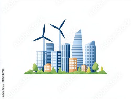 Sustainable city skyline with wind turbines and modern buildings, showcasing eco friendly architecture and greenery. vibrant representation of urban development and renewable energy photo