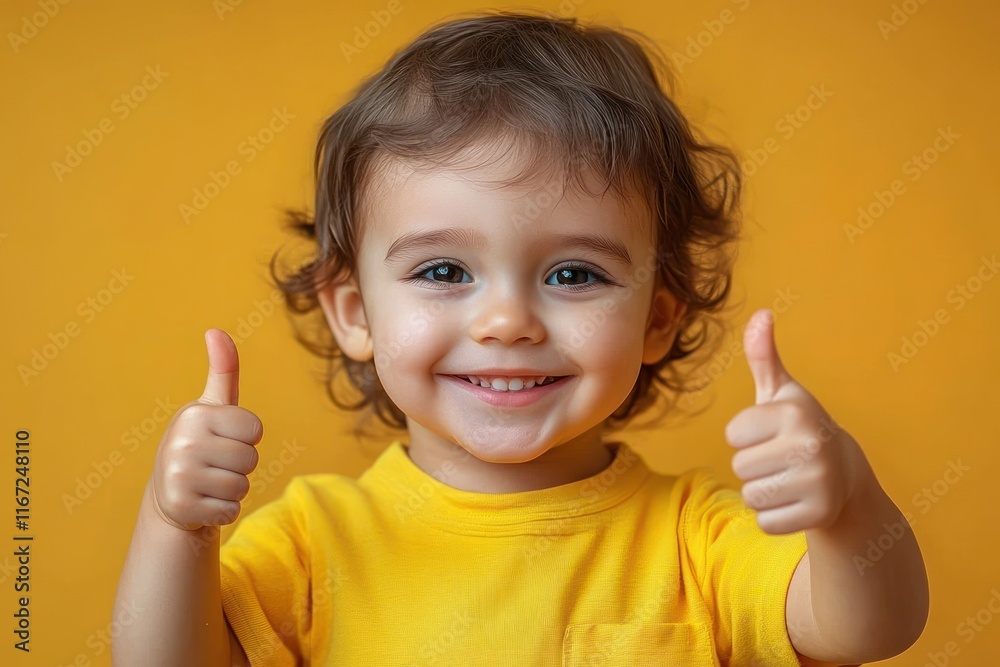 cheerful toddler giving thumbs up on bright yellow background cheerful toddler giving thumbs up on bright yellow background