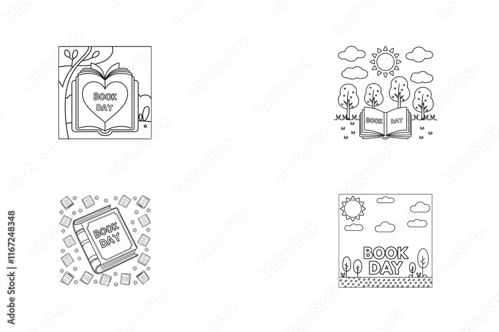 Set of World Book Day vector colouring page background Set of World Book Day vector colouring page background
