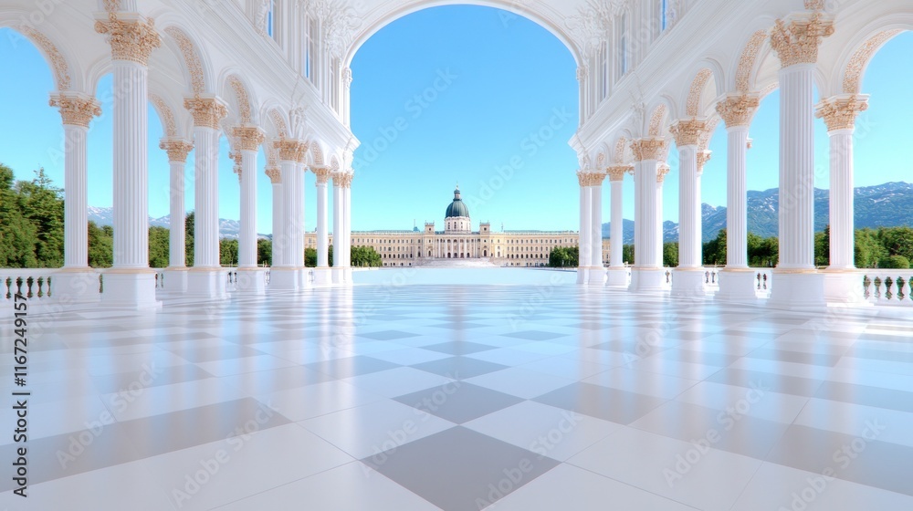 Obraz premium Spacious architectural interior with columns and a distant building view.