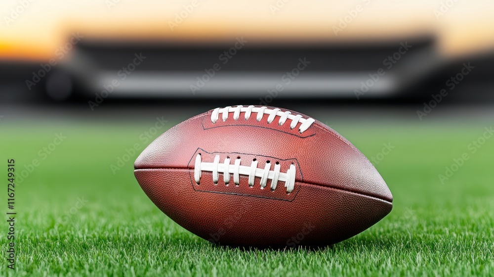 Obraz premium A football resting on a grassy field with a stadium backdrop.