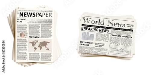 Pile of newspapers on white background. Stack of newspapers. Paper waste. Newspaper header footer. Newspaper border. Vector illustration