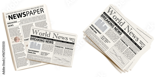 Pile of newspapers on white background. Stack of newspapers. Paper waste. Newspaper header footer. Newspaper border. Vector illustration
