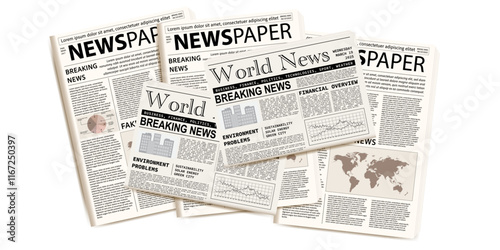 Pile of newspapers on white background. Stack of newspapers. Paper waste. Newspaper header footer. Newspaper border. Vector illustration