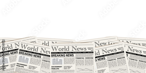 Pile of newspapers on white background. Stack of newspapers. Paper waste. Newspaper header footer. Newspaper border. Vector illustration