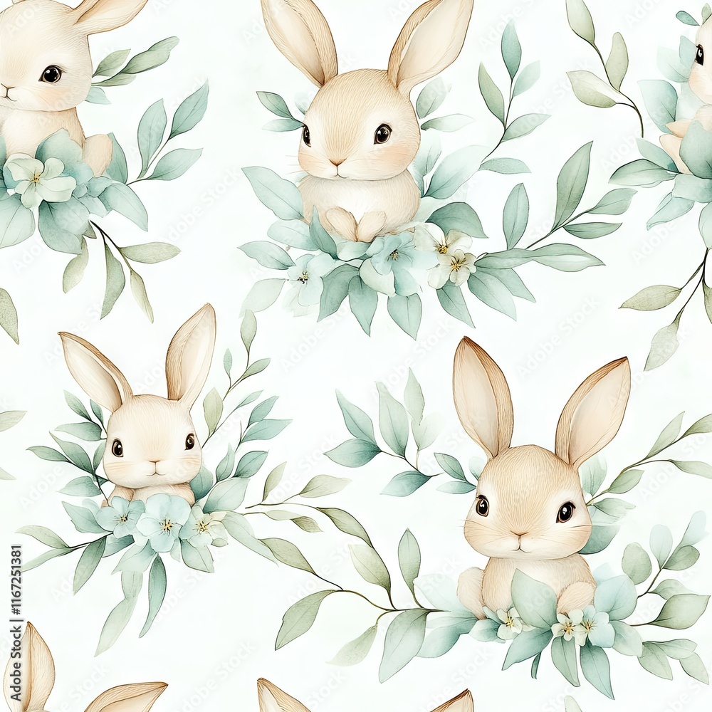 Watercolor easter bunny seamless pattern. Spring background with cute rabbit, leaves and flowers. Watercolor easter bunny seamless pattern. Spring background with cute rabbit, leaves and flowers.