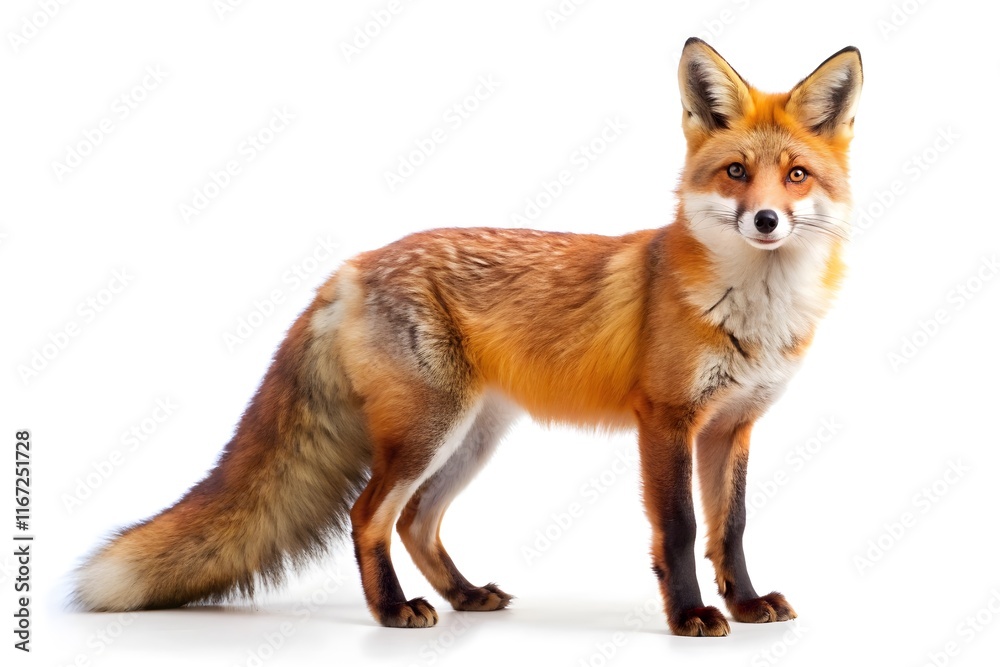 Fototapeta premium Red Fox full body view isolated in white background. Red Fox In White Background.