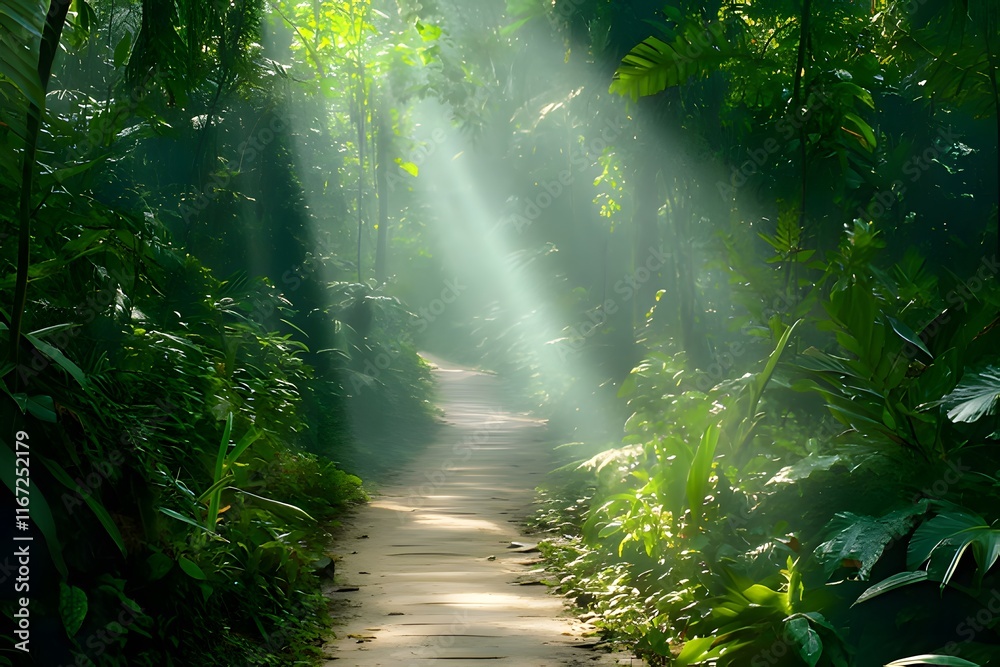 Fototapeta premium A serene forest path illuminated by sunlight through the trees, showcasing nature's beauty.