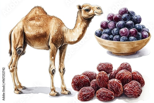 A camel next to a bowl of blueberries and a pile of dates, showcasing food and animals.