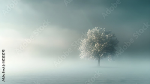 Ethereal Serenity: A Lone Tree Fading Into the Misty Landscape, Emphasizing Tranquility and Introspection photo