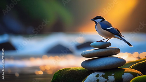 Bird perched on a pile of small rocks