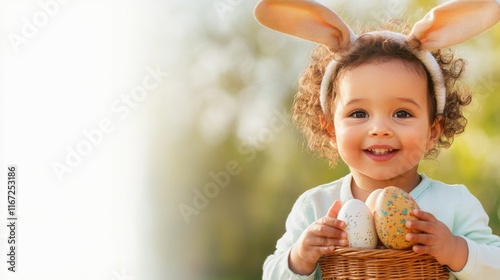 Сute little child wear bunny ears and gathering Easter eggs in the garden. Happy Easter background. Easter egg hunt banner, flyer, card  with copy space
