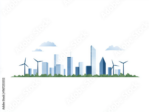 Minimalist city skyline with wind turbines and greenery, showcasing modern architecture and sustainable energy. serene and eco friendly urban landscape photo