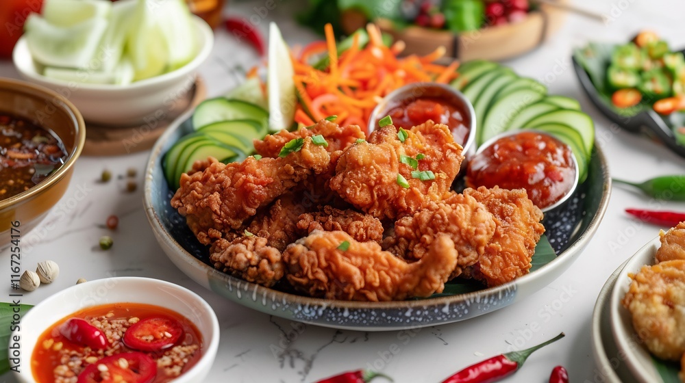 Crispy Fried Chicken with Dipping Sauces and Fresh Vegetables Crispy Fried Chicken with Dipping Sauces and Fresh Vegetables