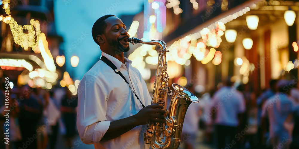 Saxophone player, sax musician in a street at night, inspired New Orleans jazz band, live music and parade - imagined by AI not the actual event