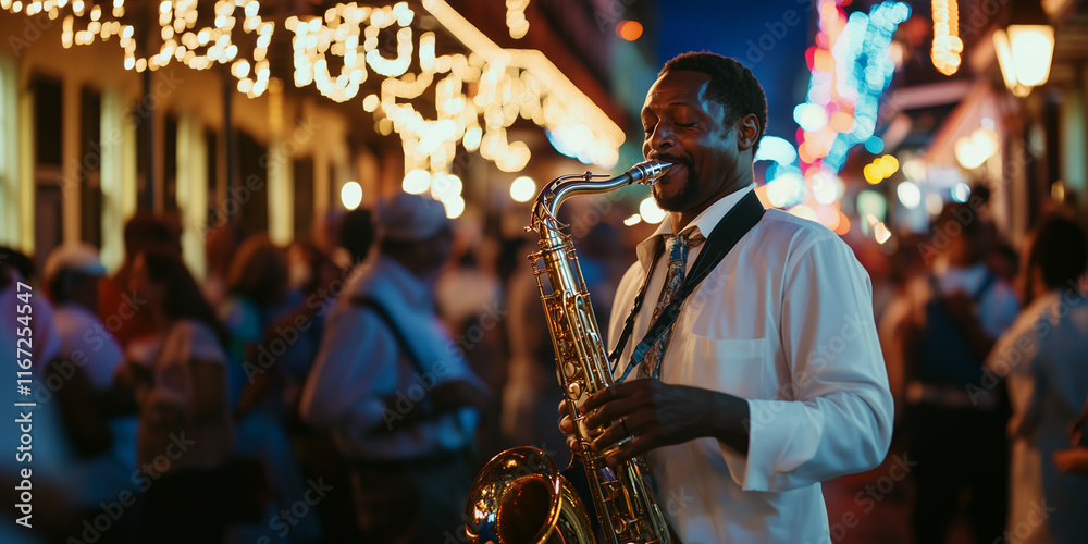 Saxophone player, sax musician in a street at night, inspired New Orleans jazz band, live music and parade - imagined by AI not the actual event