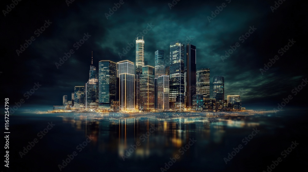 Fototapeta premium Stunning Nighttime Cityscape with Illuminated Skyscrapers Reflecting on Calm Water, Evoking a Sense of Urban Sophistication and Modern Architecture