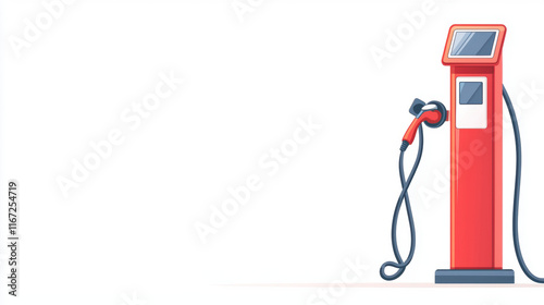 red fuel pump with hose stands against minimalistic background, symbolizing energy and transportation. This design captures essence of modern fueling stations photo