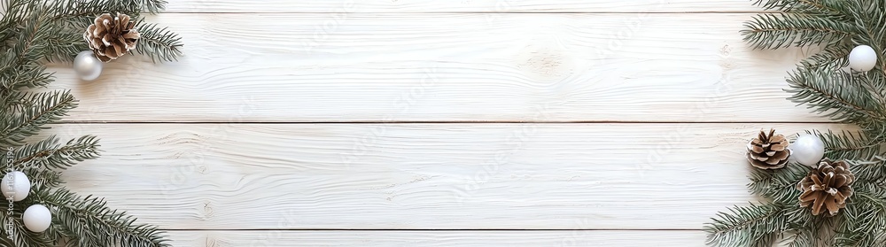 White wooden background with pine branches and pinecones on corners, creating a festive and natural frame, perfect for seasonal and holiday designs.