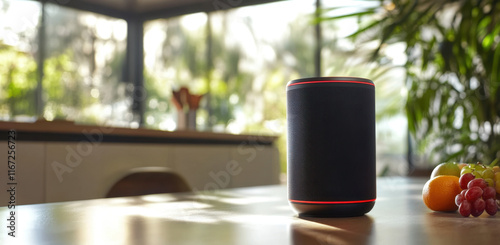 A smart speaker is positioned on a kitchen countertop, with a vibrant assortment of fresh fruits nearby. Sunlight streams through large windows, illuminating the space and plants.