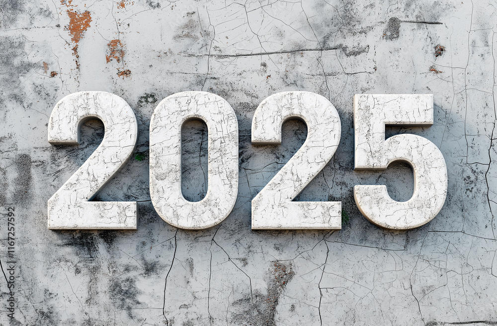 Cracked concrete numbers 2025 on weathered surface, symbolizing future and change. texture adds depth and character to image, evoking sense of time Cracked concrete numbers 2025 on weathered surface, symbolizing future and change. texture adds depth and character to image, evoking sense of time