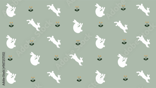 Pastel happy easter bunny pattern. Silhouette of rabbits with flower grass background.