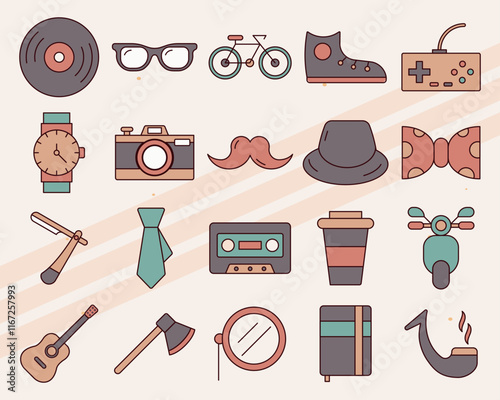 Vector icons related to hipster culture including glasses mustaches and trendy elements