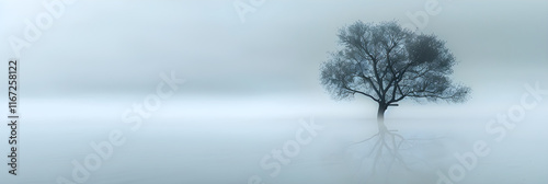 Ethereal Serenity: A Lone Tree Fading Into the Misty Landscape, Emphasizing Tranquility and Introspection photo