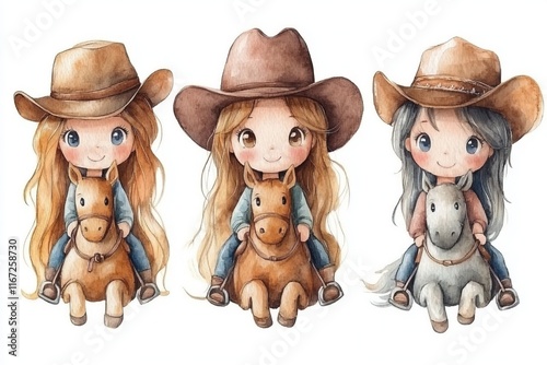 Three cute children in cowboy hats riding toy horses, showcasing a playful and whimsical theme.