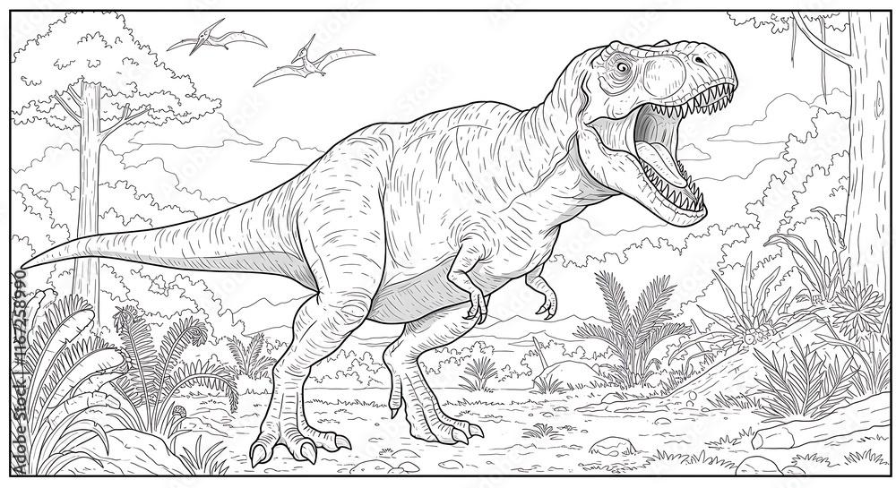 Fototapeta premium Detailed illustration of a roaring Tyrannosaurus Rex dinosaur in a prehistoric landscape with lush vegetation and flying reptiles, concept for educational materials, dinosaur exhibit and kids' book