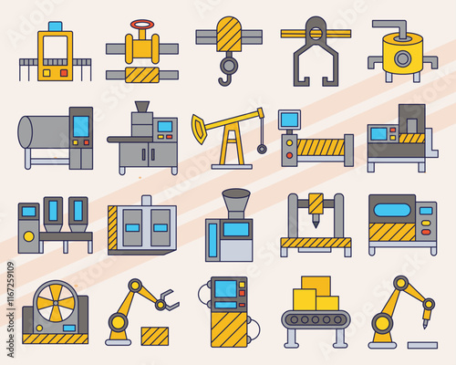 Set of vector icons related to industrial equipment and machinery including tools gears and machines